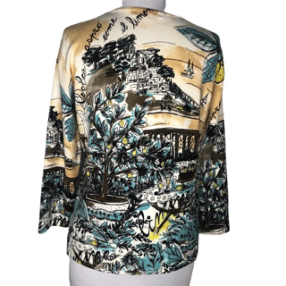 Perri NY Beaded Sequin V-Neck 3/4 Sleeve Pullover Garden Print Sweater Size L